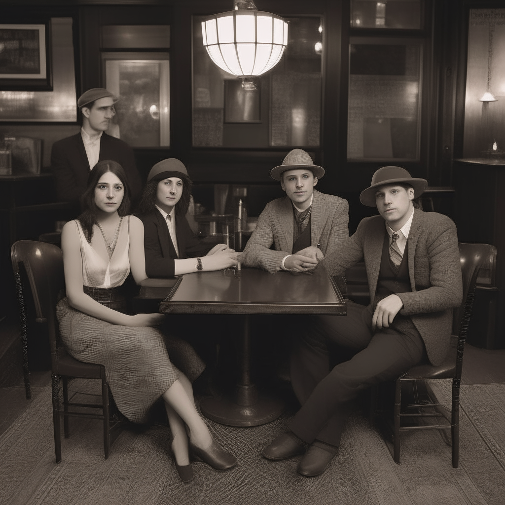 A band photo of 4 people sitting in a 1920 restaurant