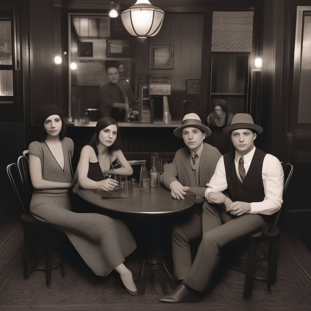 A band photo of 4 people sitting in a 1920 restaurant