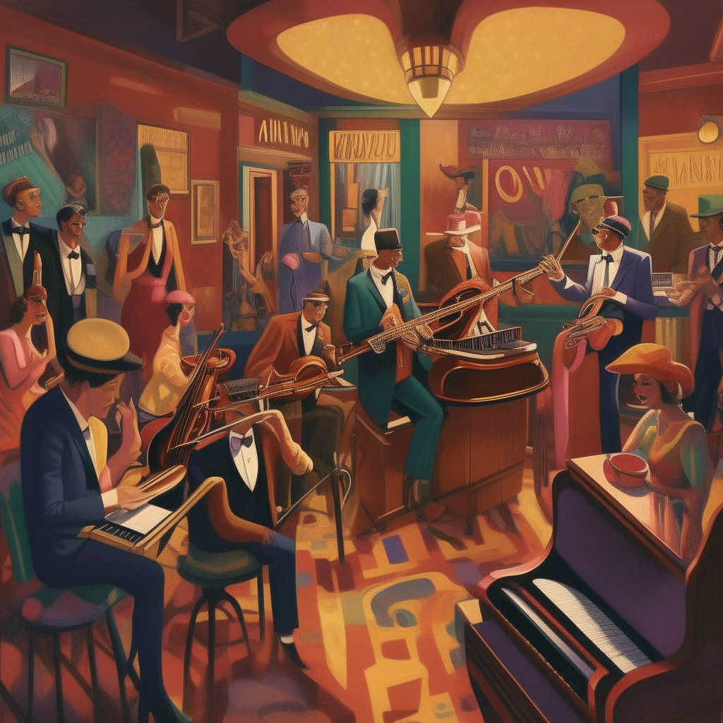 A 1920s jazz band performing in a colorful speakeasy. Musicians are scattered around the room with instruments.