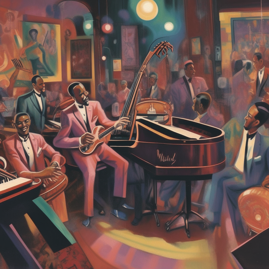 A 1920s jazz quartet playing in a packed club. The singer stands on a stage as the pianist, drummer and saxophonist entertain the colorful crowd.