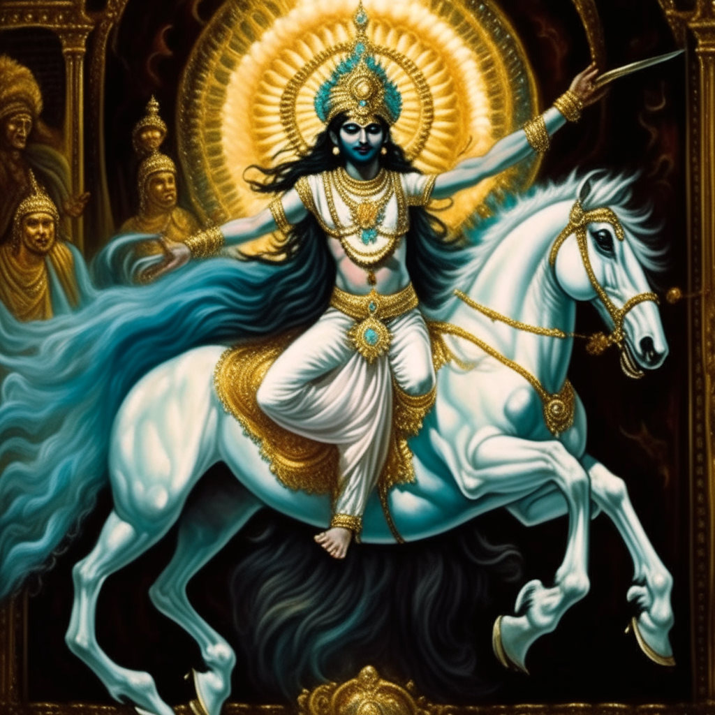 Kalki, the final avatar of Vishnu, is often depicted with radiant, golden skin, riding a white horse named Devadatta. He wields a sword, symbolizing his role as a divine warrior who restores righteousness. Adorned in royal attire, with a crown and divine ornaments, his appearance heralds the end of the Kali Yuga and the dawn of a new cosmic era.