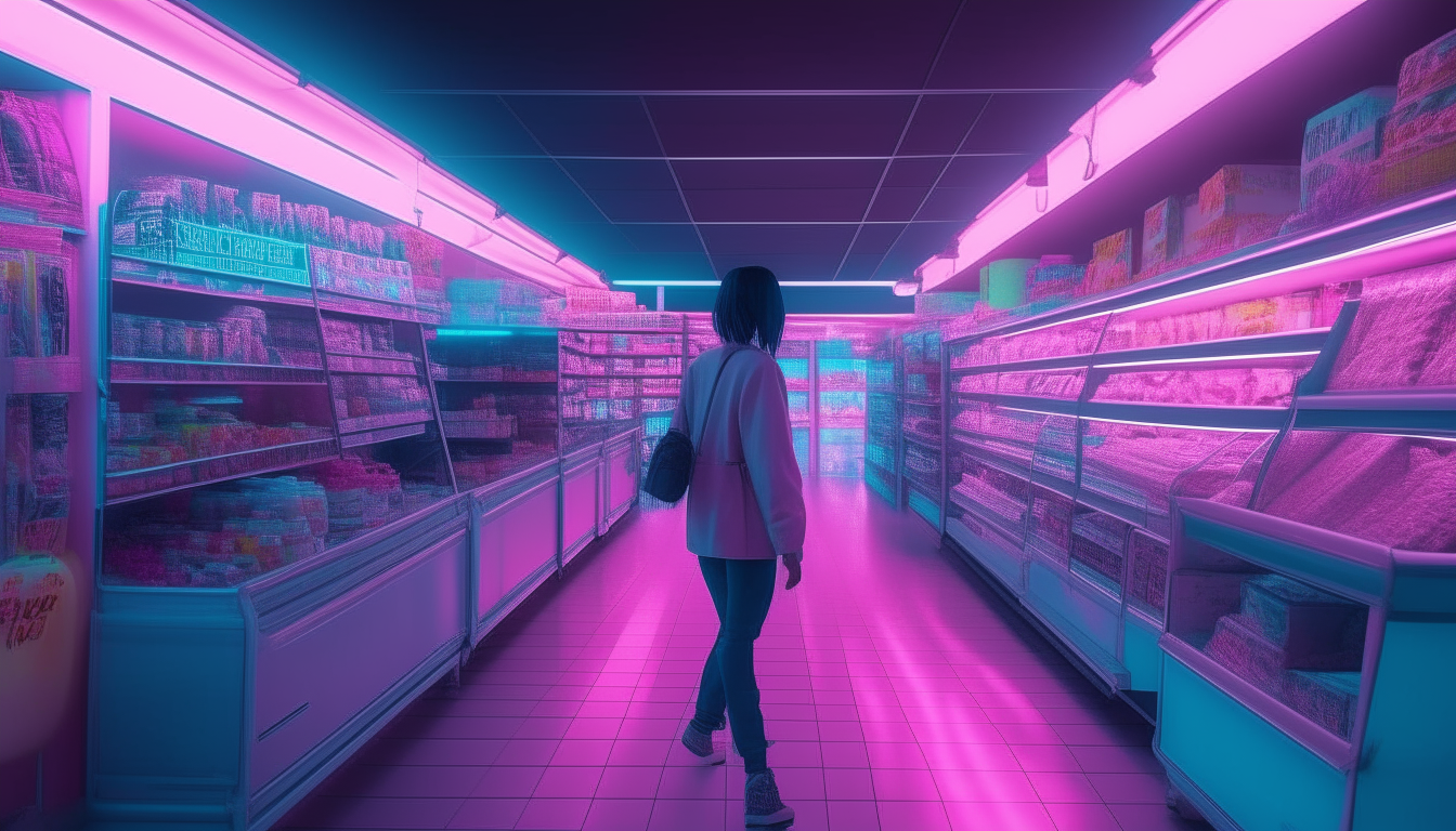 A character from Career Opportunities skating down an aisle in a brightly lit supermarket late at night. Signs above the aisles glow in purple, pink and blue neon.