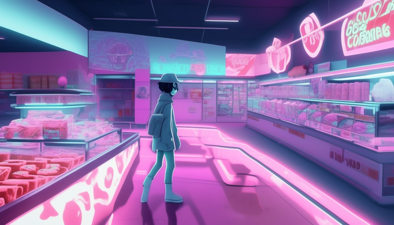 The character from Career Opportunities skates past the frozen food section of the supermarket. In the background, signs for ice cream and pizzas glow in swirling pink and purple neon.