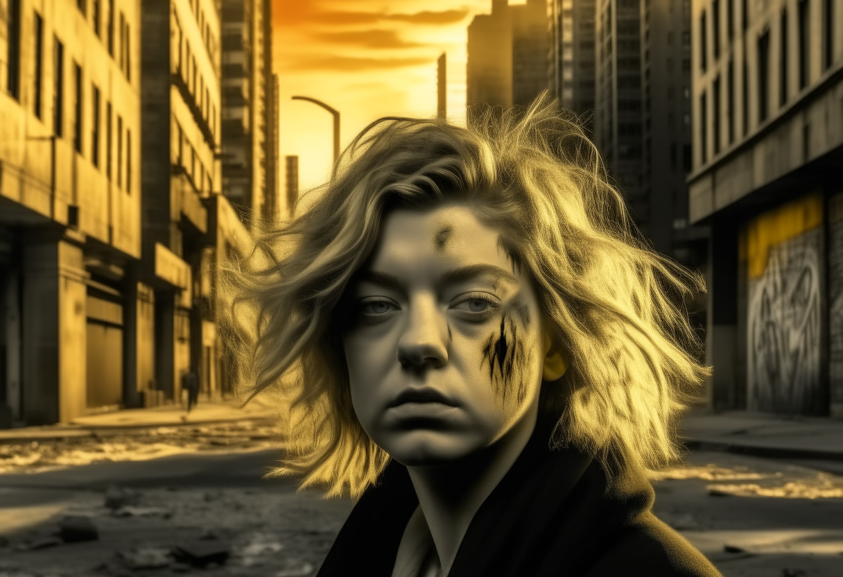 Face of a woman in a deserted city action scene Dolly zoom shot cn65mm-wh3:2