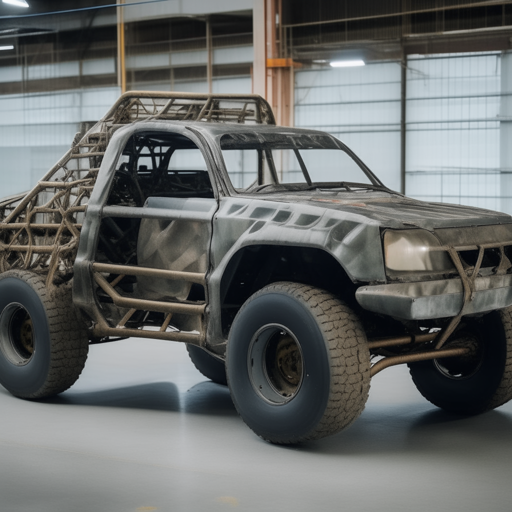 A side view of a custom kei truck with a mishmash of metal parts welded together to form a sturdy backbone chassis