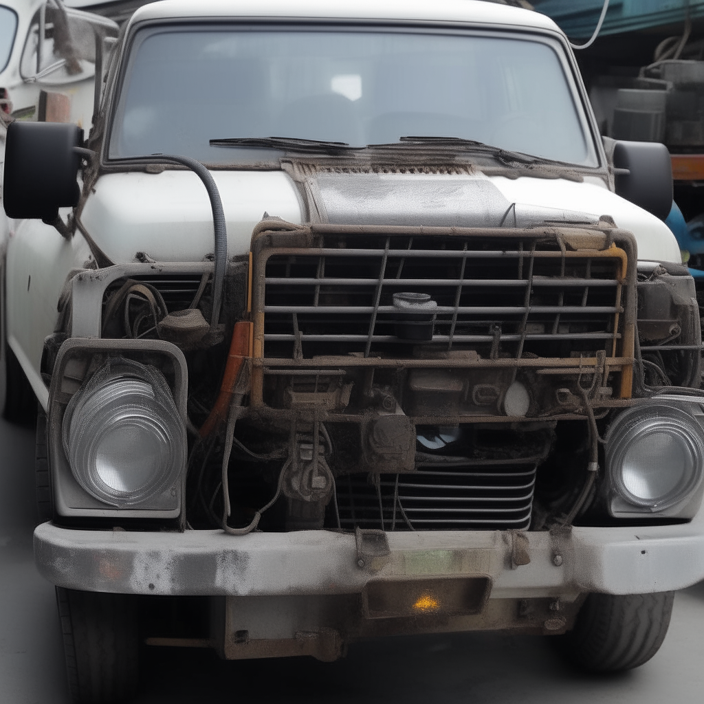 The engine of a kei truck that has been modified using scrap metal parts to extend the hood and surround the engine