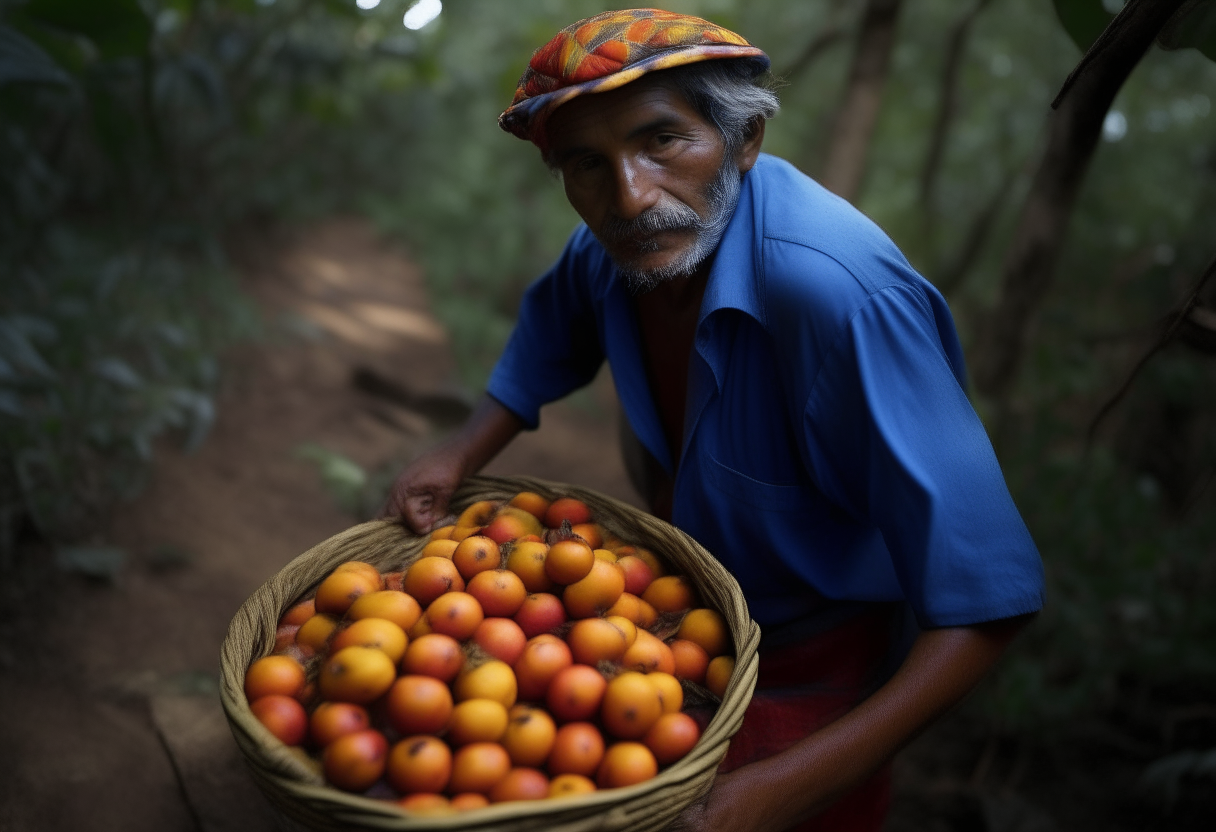 Necesito a un hombre parado, dando la espalda. El está agarrando frutas es sus manos. El lugar en donde se encuentra es un bosque, muy colorido, se alcanzan a ver aldeanos con vestimentas azules, y de fondo una granja pequeña. Necesito que el hombre esté parado de una manera heroica
