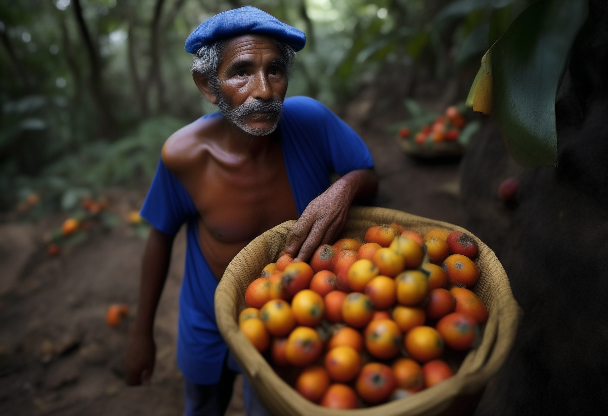 Necesito a un hombre parado, dando la espalda. El está agarrando frutas es sus manos. El lugar en donde se encuentra es un bosque, muy colorido, se alcanzan a ver aldeanos con vestimentas azules, y de fondo una granja pequeña. Necesito que el hombre esté parado de una manera heroica

