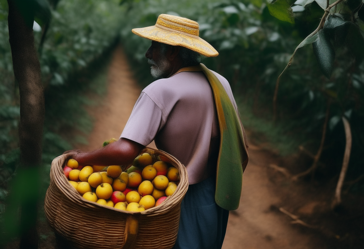 Necesito a un hombre parado, dando la espalda. El está agarrando frutas es sus manos. El lugar en donde se encuentra es un bosque, muy colorido, y de fondo una granja pequeña. Necesito que el hombre esté parado de una manera heroica
