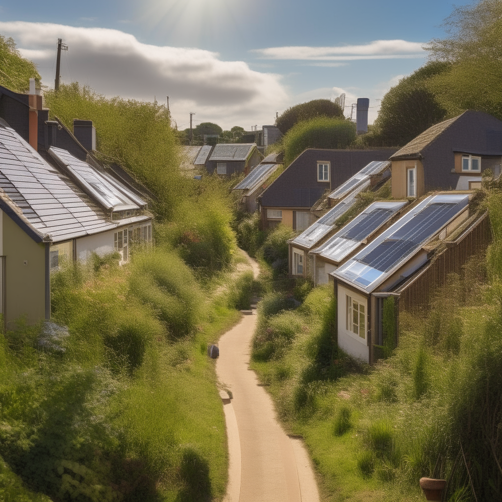 a winding lane through an eco-village, with solar panels on cottage roofs and community gardens between the houses