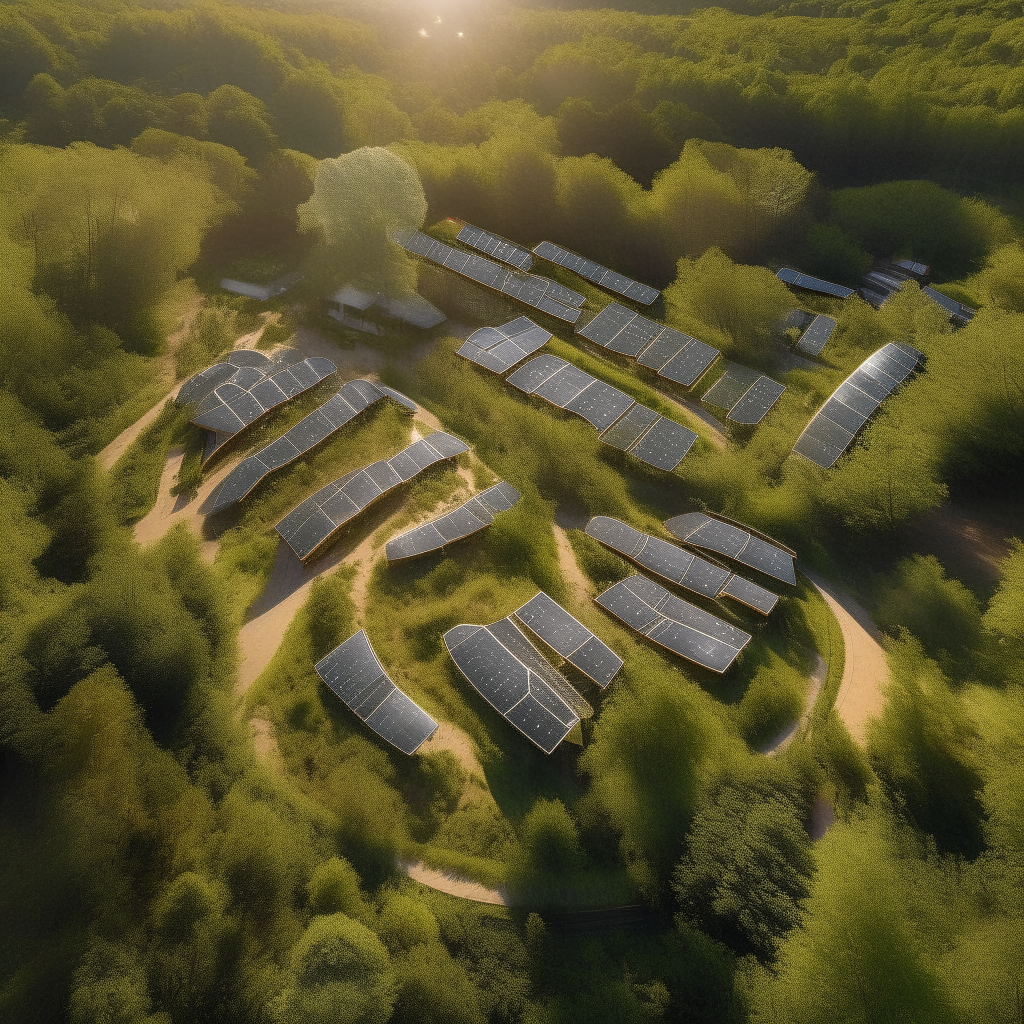 an aerial view of an eco-village nestled in a forest clearing, with solar panels on the roofs of wooden houses and winding paths between trees