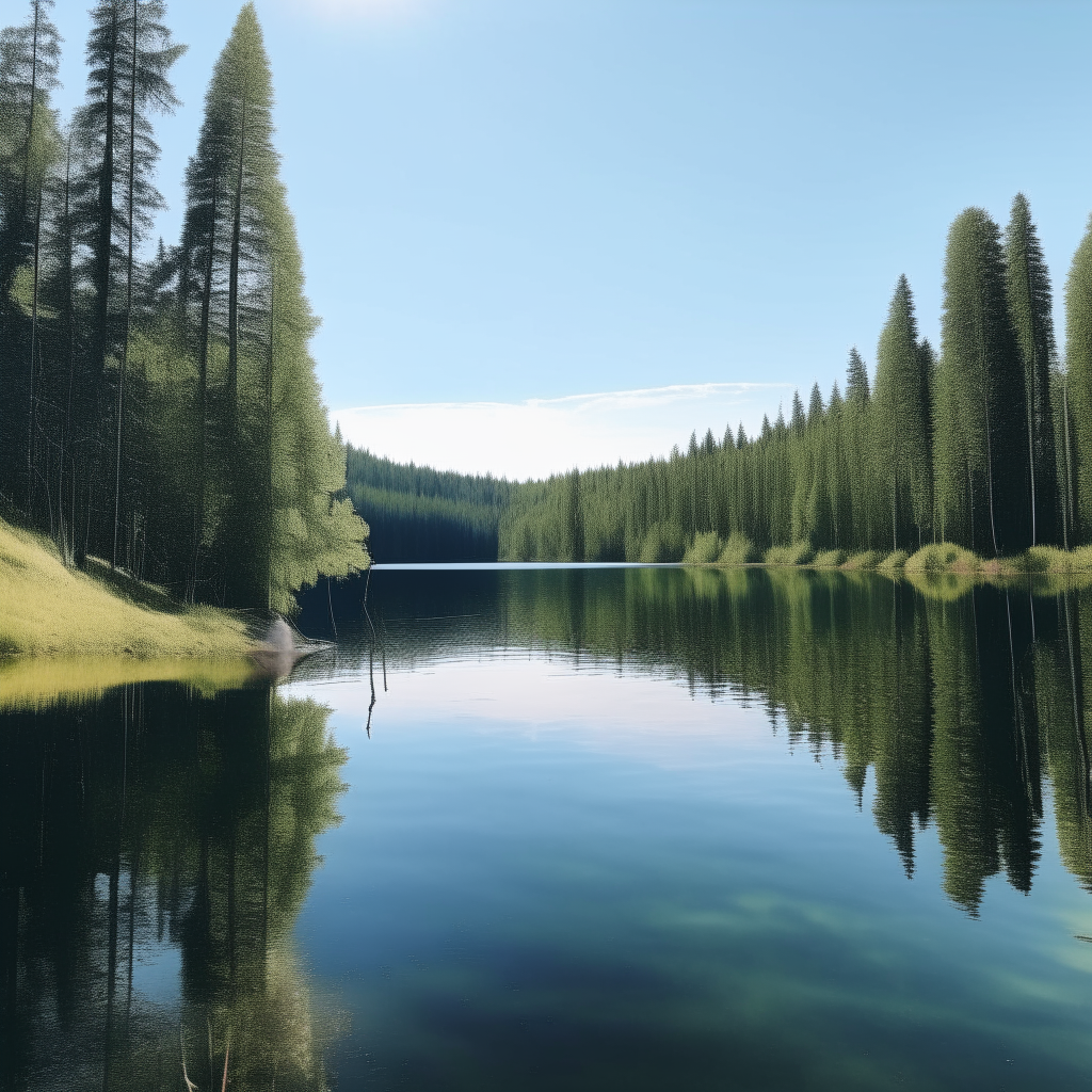 a calm lake surrounded by pine trees, on a sunny afternoon