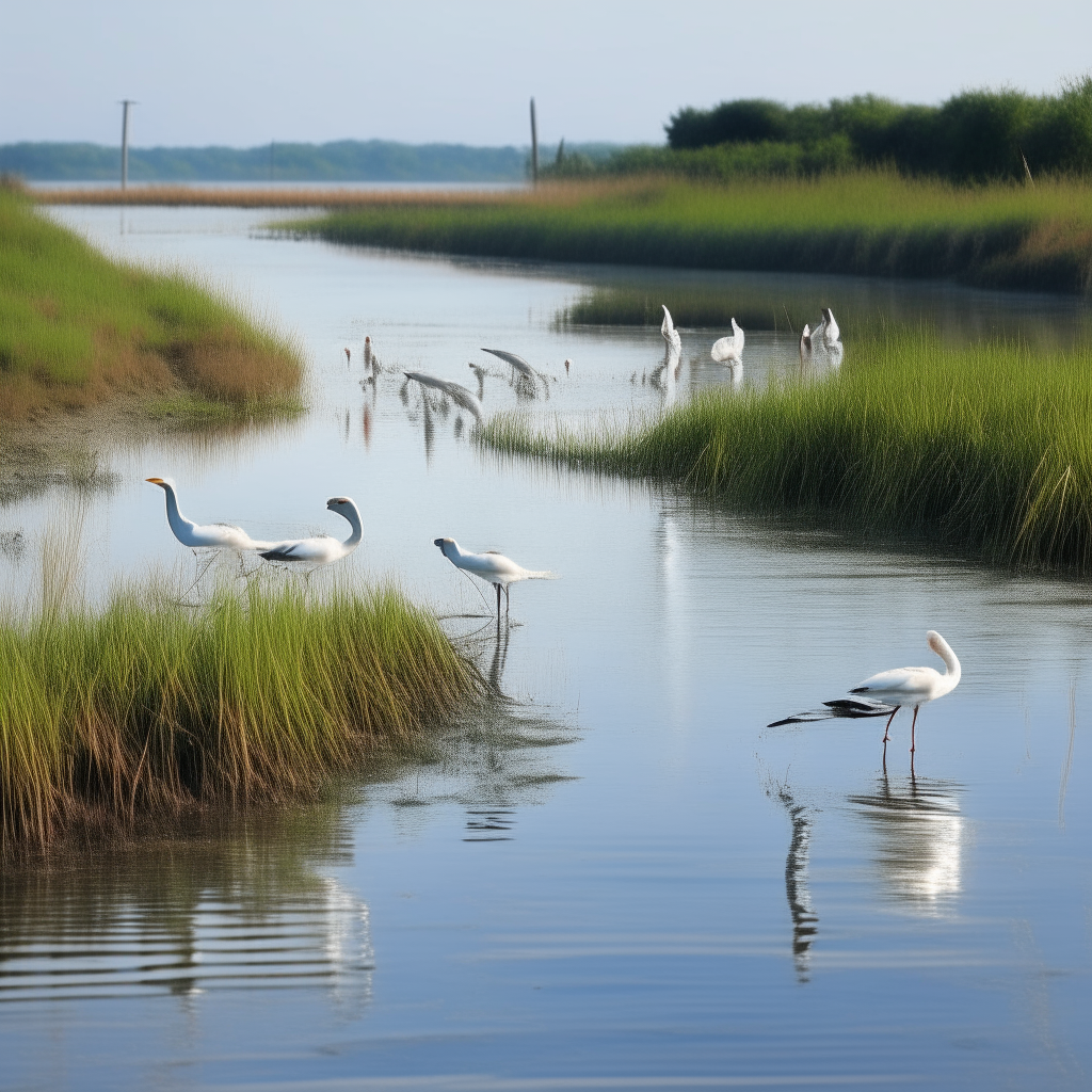 a wide river flowing between grassy banks, with white herons standing in the shallows