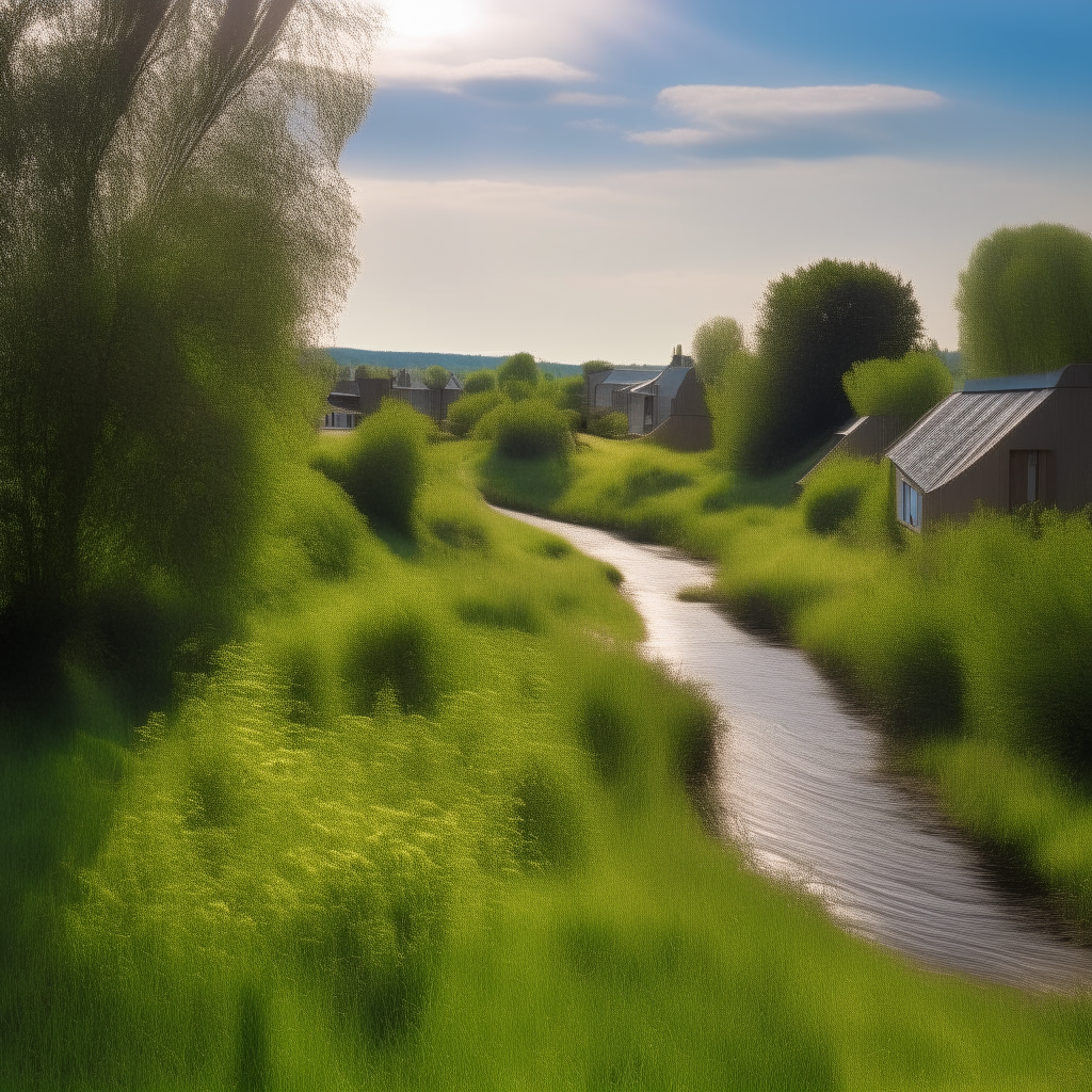 the river from image 1 winding between grassy banks with trees in the distance