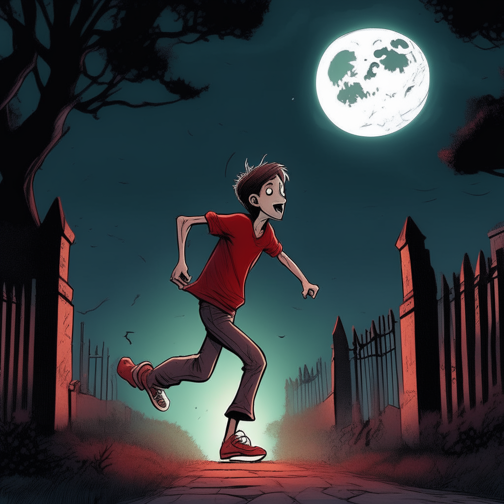 A boy running at full speed through an old graveyard on a moonlit night wearing a red shirt and black jeans, as a ghost follows closely behind