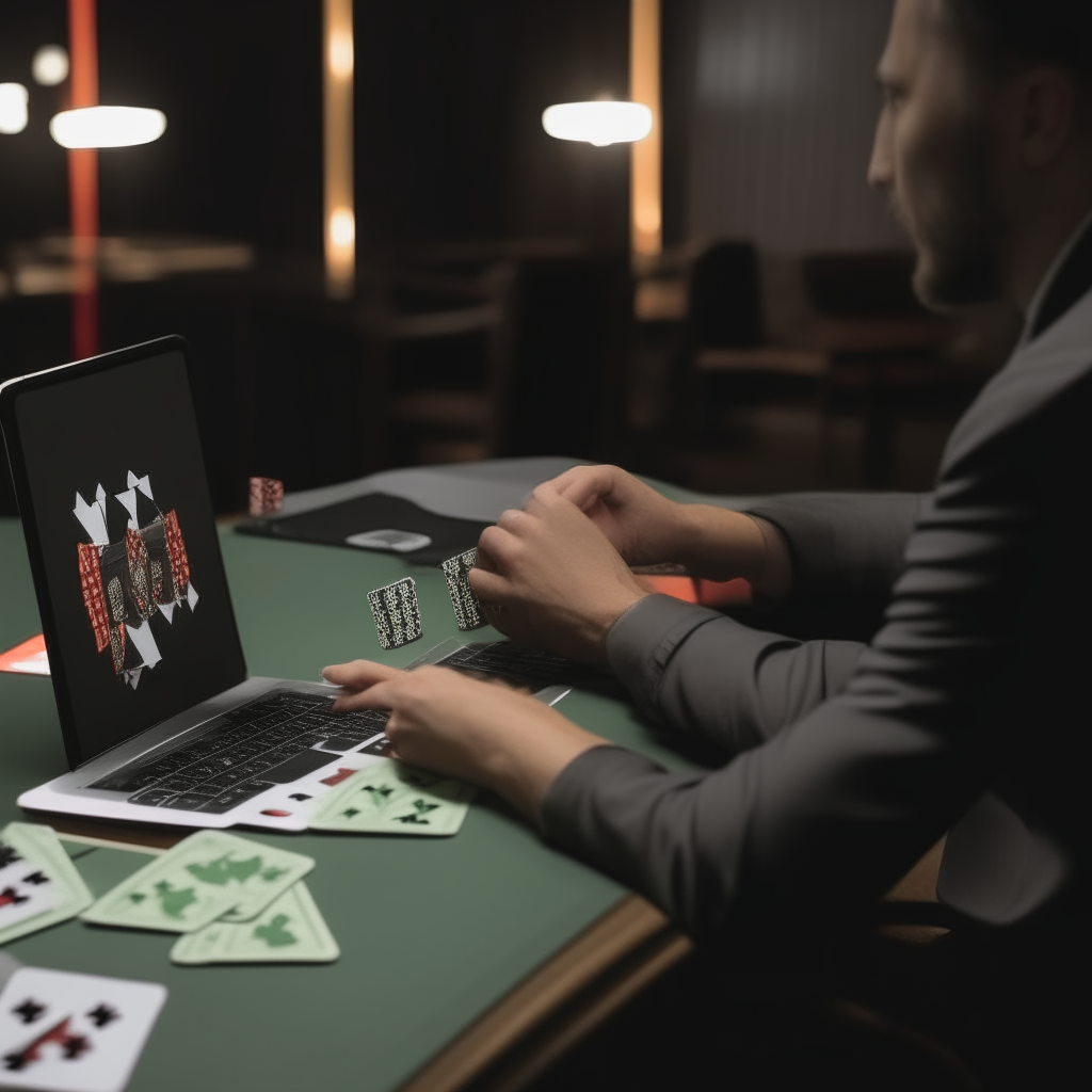 A film director reviewing footage on a laptop from a video shoot featuring playing cards as the main props