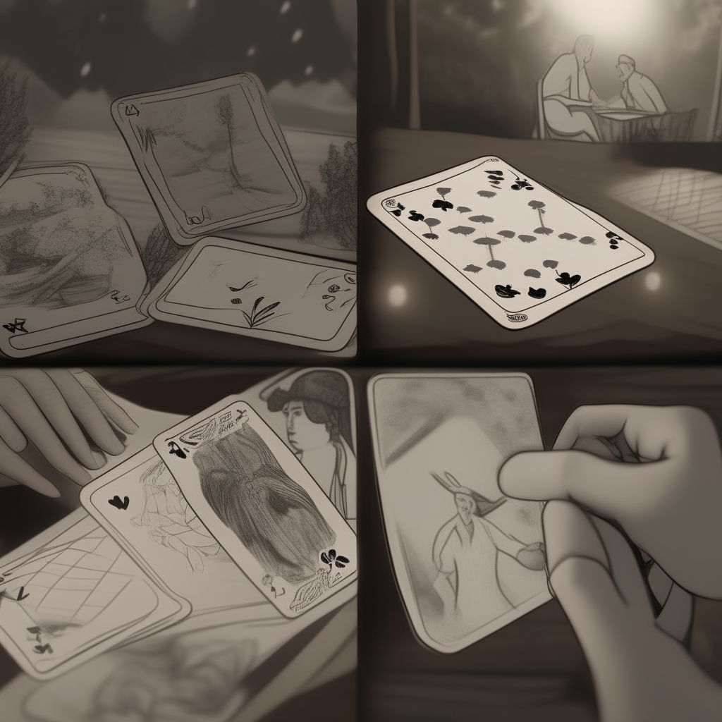 A storyboard showing scenes from a short film about a magical deck of playing cards