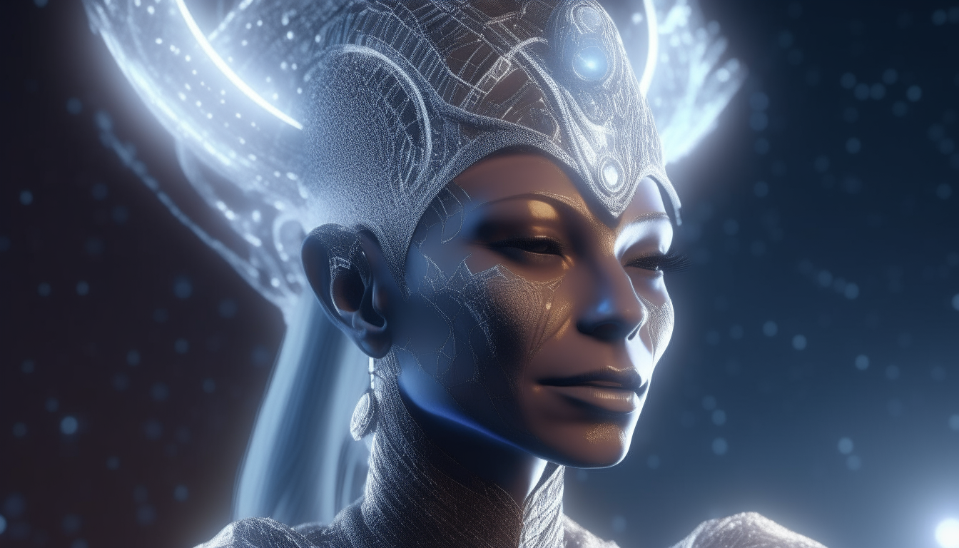 an alien goddess with a look of amazement on her face, wearing a headdress made from silver chrome molecules with the light from the cosmos shining through the galatic sky, holographic alien symbols flash as they project in the atmosphere, 16.9 aspect ratio, highest level of photographic details, 4K quality, cinematic, dark sci-fi fantasy style