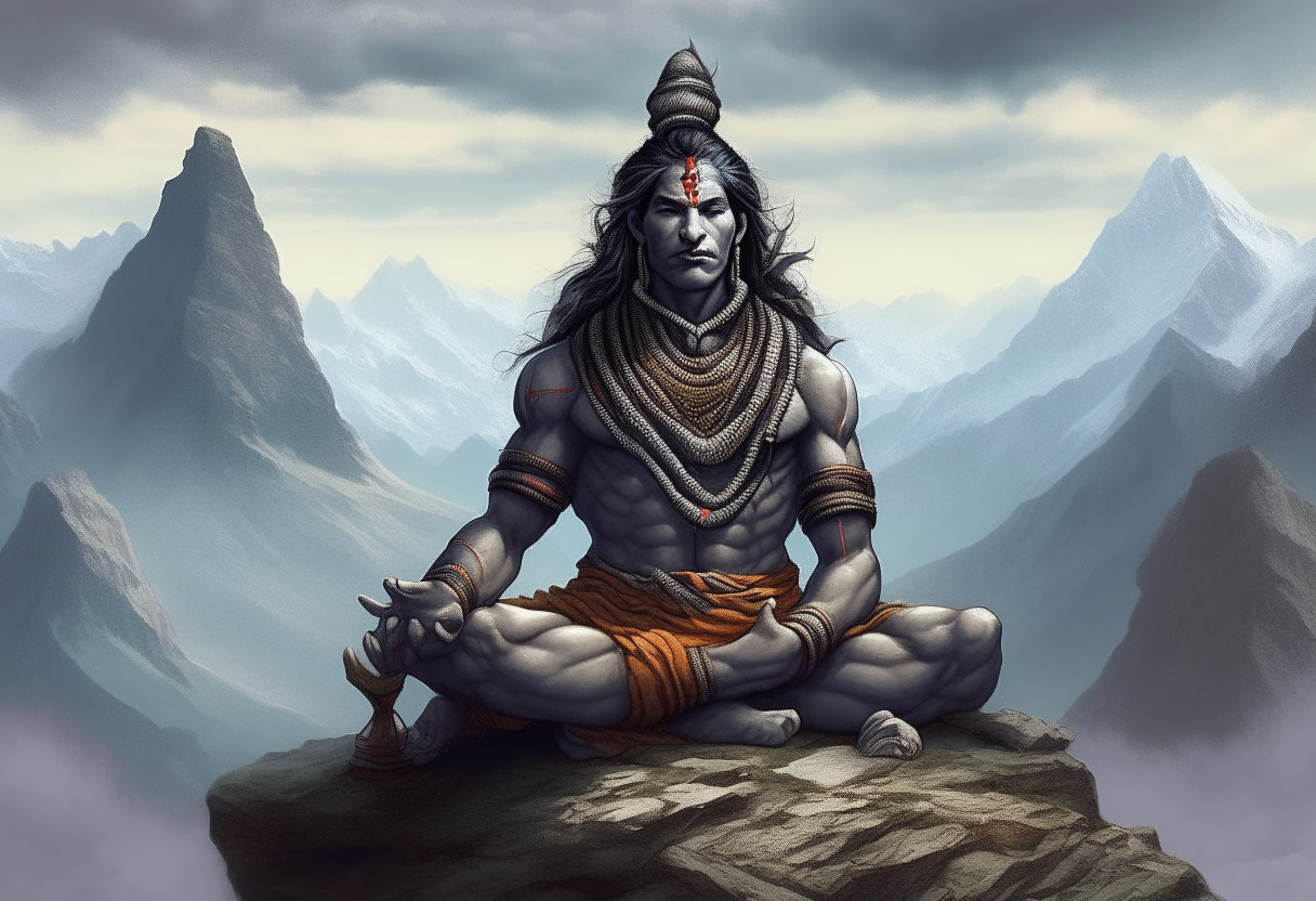 Lord Shiva sitting cross-legged in meditation on Mount Kailash, highly detailed digital painting