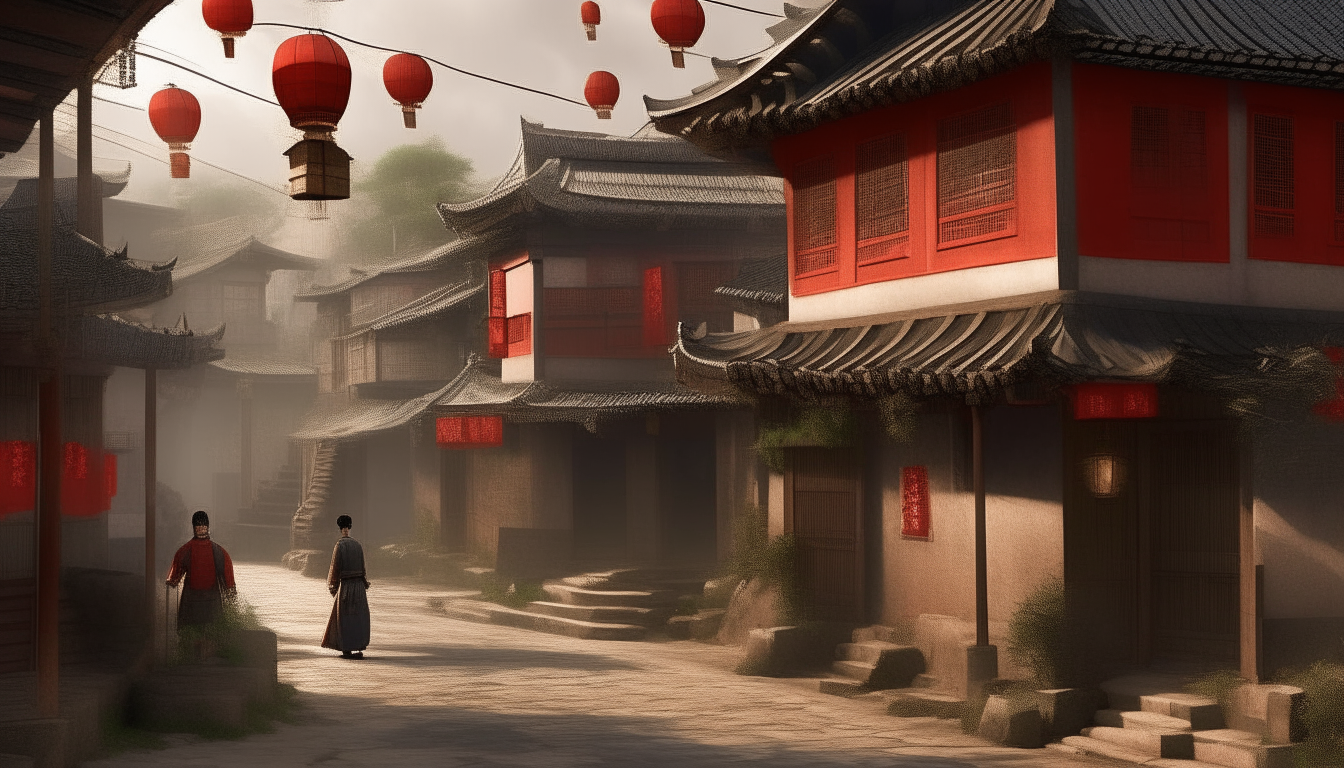 a photorealistic high resolution image of a Chinese village in the early 1900s with traditional architecture, cobblestone streets, red lanterns, and villagers wearing traditional clothing