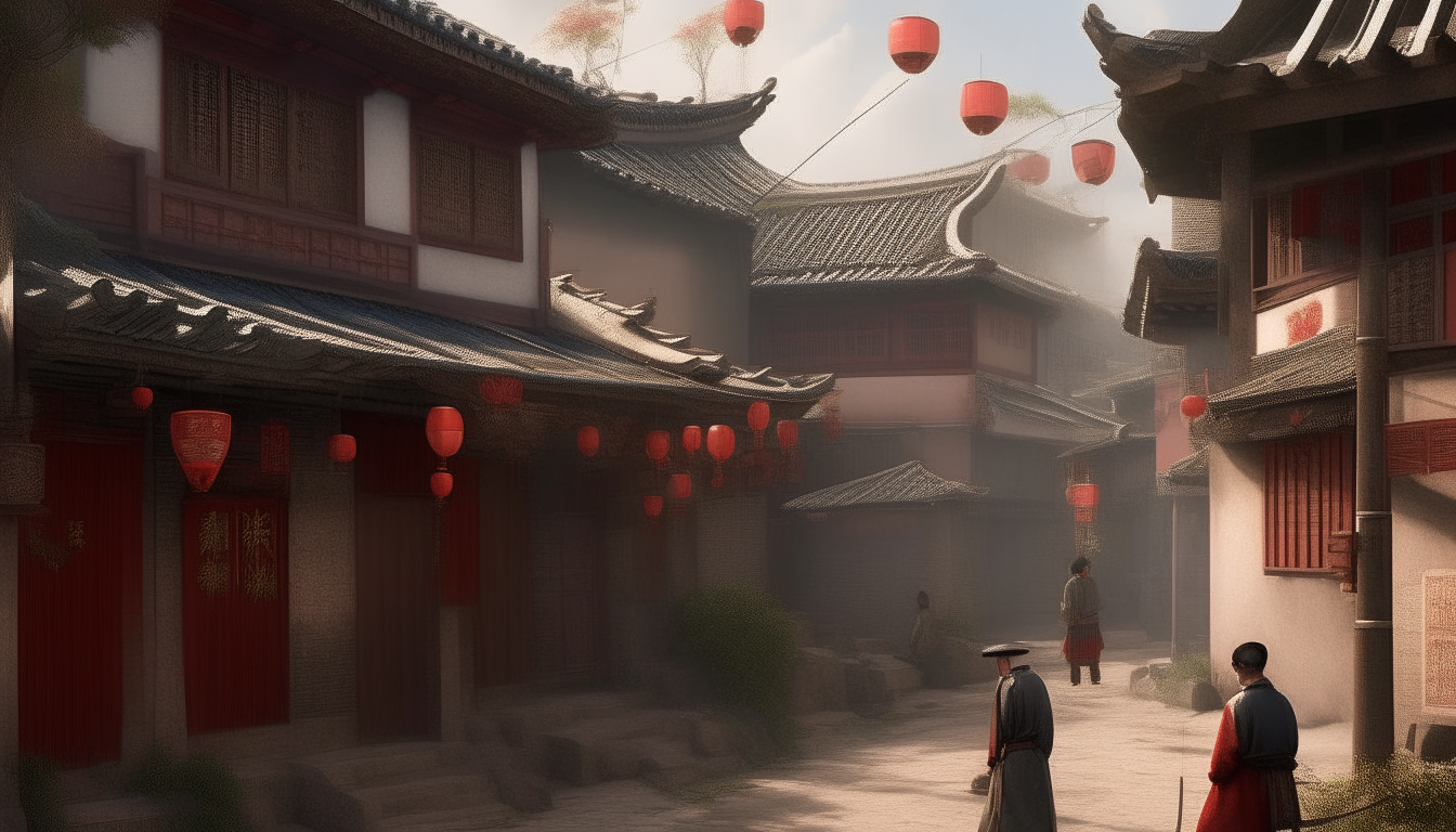 a second photorealistic high resolution image of a different Chinese village in the early 1900s with traditional architecture, cobblestone streets, red lanterns, and villagers wearing traditional clothing