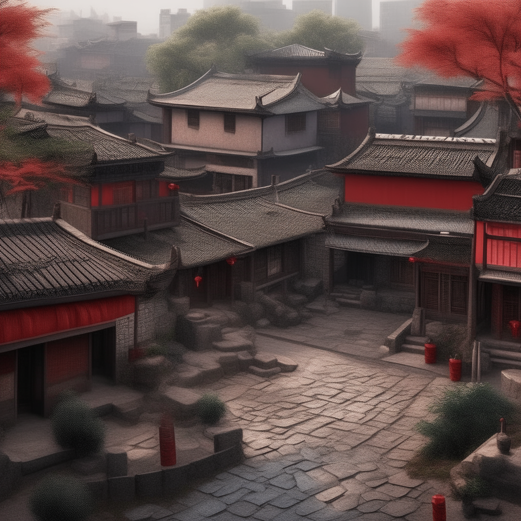 a second highly detailed, photorealistic square image of a different Chinese village in 1980 with traditional architecture, red lanterns, cobblestone streets and villagers