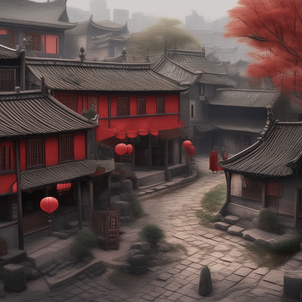 a highly detailed, photorealistic square image of a Chinese village in 1980 with traditional architecture, red lanterns, cobblestone streets and villagers