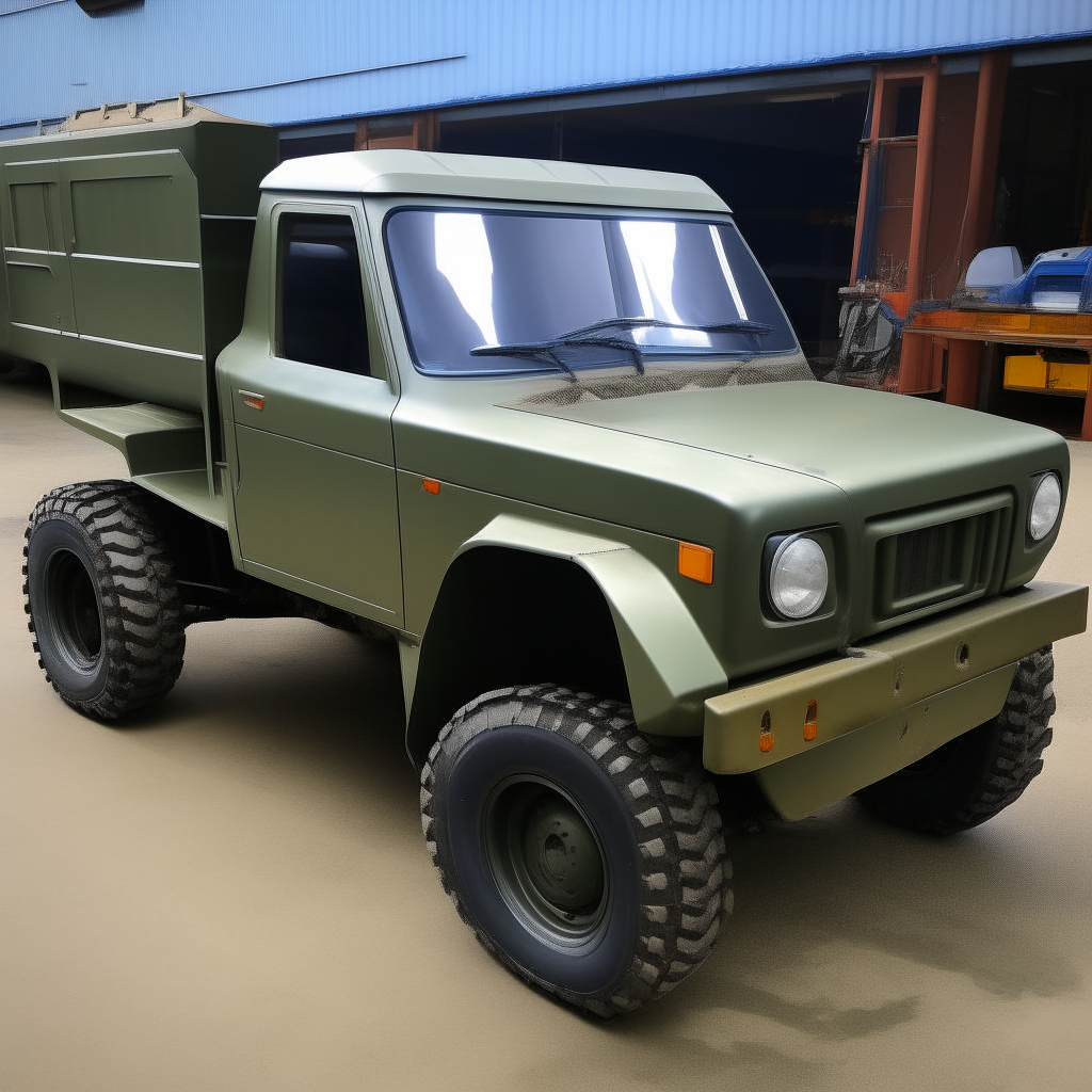 An unusual kei truck designed by my company to be durable as hell. The truck has thick steel plating on the sides and front for protection. It is painted military green.