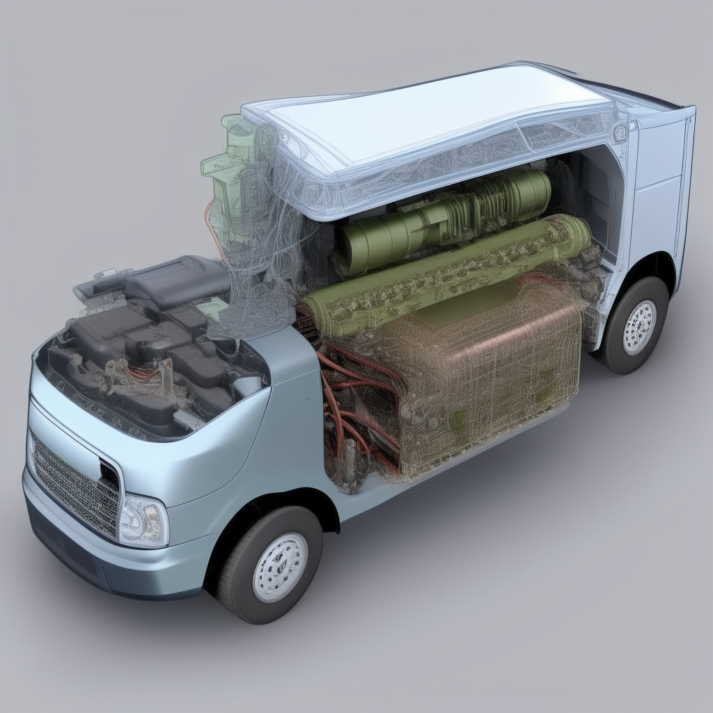 Cutaway side view of a kei truck showing its advanced hybrid drivetrain system. The gasoline engine and electric motors are labeled, along with the battery packs and transmission components.