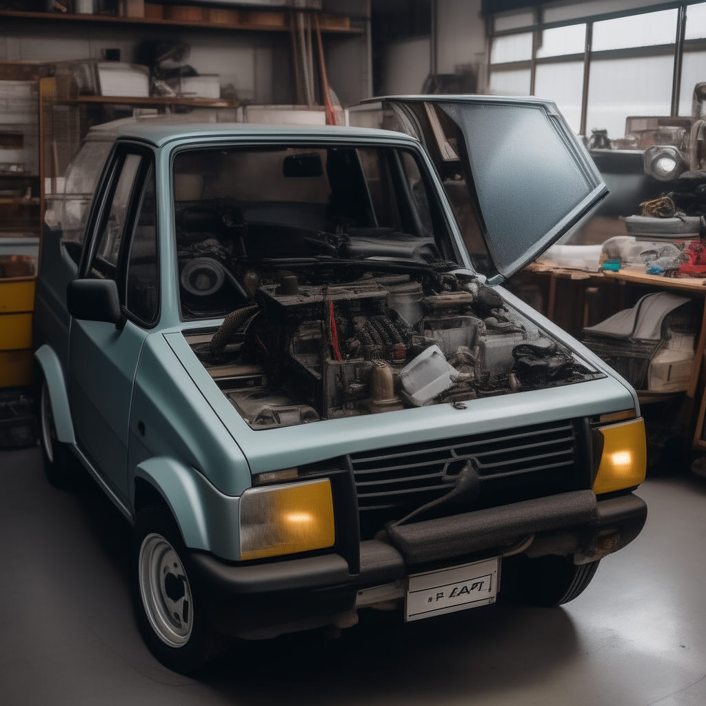 A small kei truck sits in a garage with its hood open, exposing the hybrid gasoline-electric engine. The different engine components are visible and labeled.