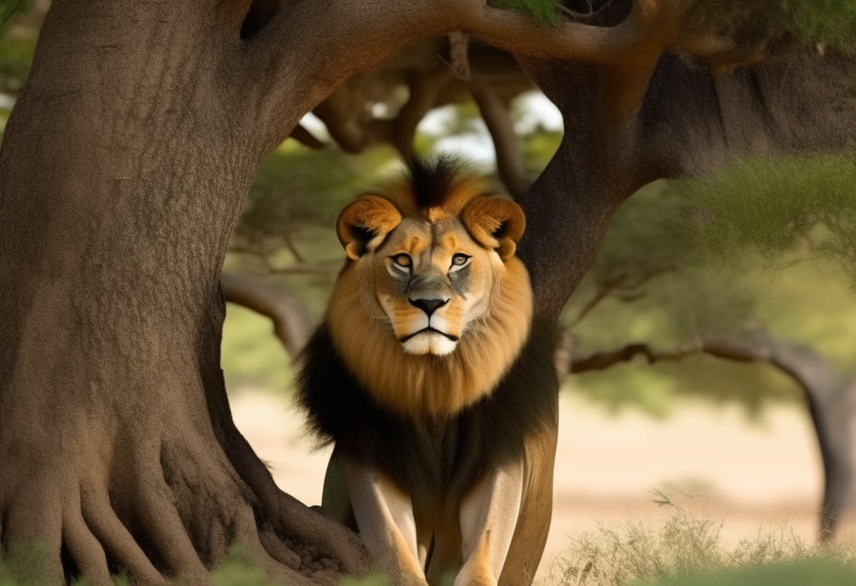 lion come to front of tree
