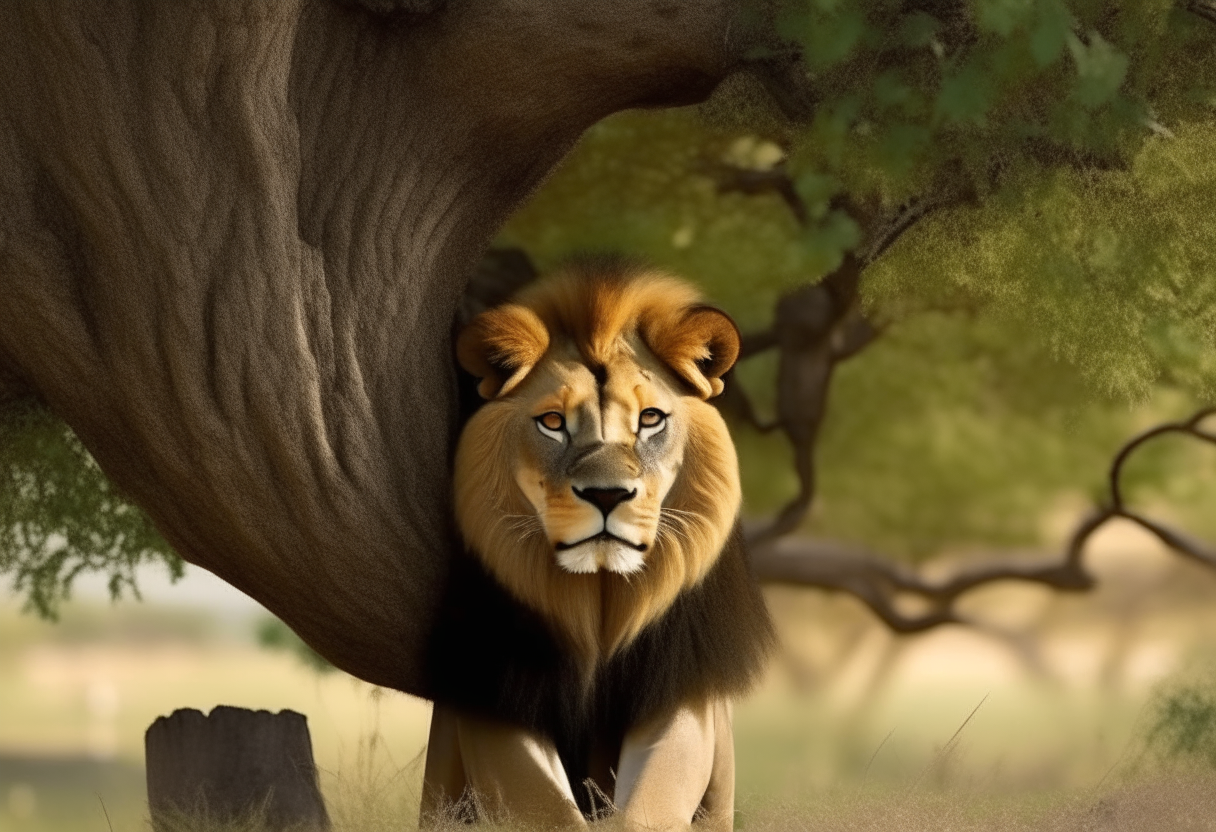 lion come to front of tree
