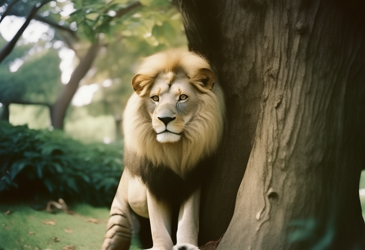 lion come to front of tree
