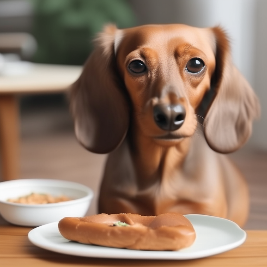 a light brown dachshund with short fur, long snout, slender and elongated body, thin and small tail, large ears happily eating its healthy and natural food