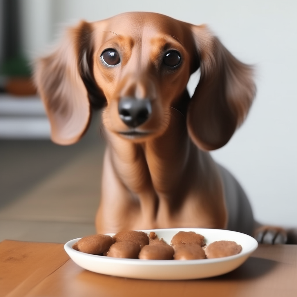 a light brown dachshund with short fur, long snout, slender and elongated body, thin and small tail, large ears happily eating its healthy and natural food