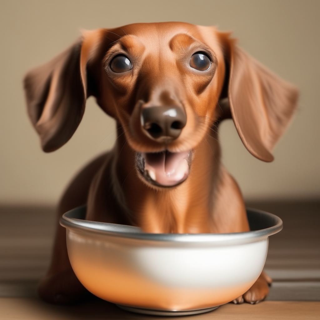 A light brown dachshund with short fur, long snout, slender and elongated body, thin and small tail, large ears happily eating from a deep metal bowl. The dog has a happy expression.