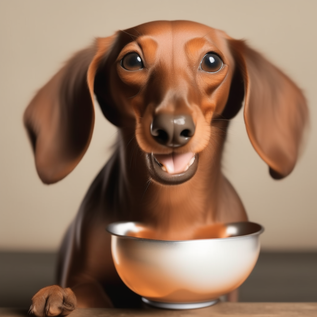 A light brown dachshund with short fur, long snout, slender and elongated body, thin and small tail, large ears happily eating from a deep metal bowl. The dog has a happy expression.