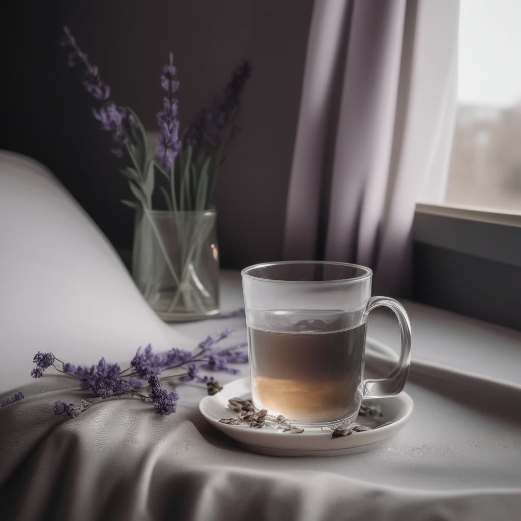 Glass cup with tea and a small bouquet of lavender on the bedside table