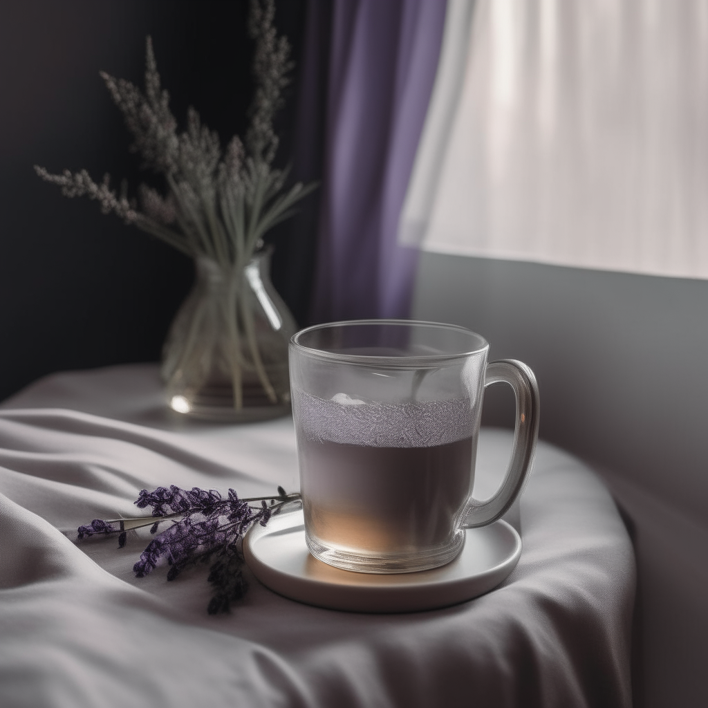 Glass cup with tea and a small bouquet of lavender on the bedside table from a different angle