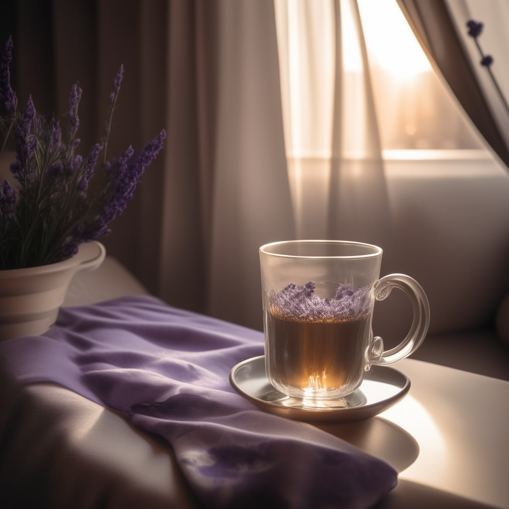 Glass cup with tea and a small bouquet of lavender on a bedside table, warm light from a lamp shining on the subjects