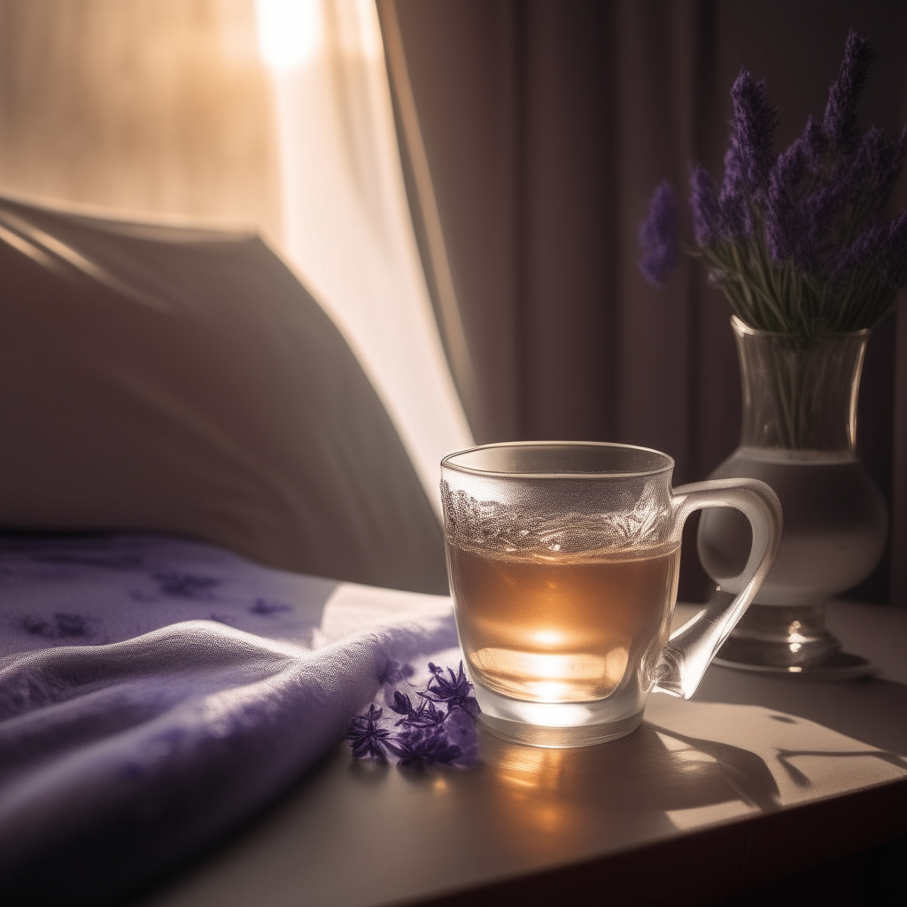 Glass cup with tea and a small bouquet of lavender on a bedside table, warm light from a lamp shining from a different angle