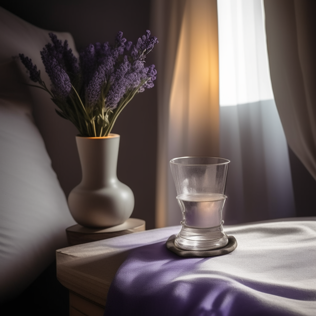A glass of tea and bouquet of lavender on a nightstand, bathed in the soft light from a lamp beside them