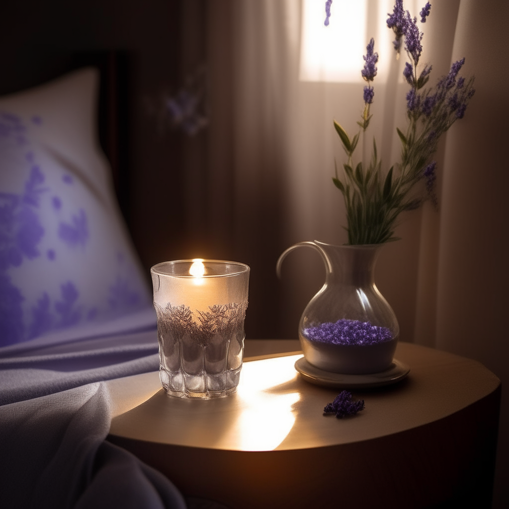 A glass of tea and small bouquet of lavender on a bedside table, illuminated by the warm glow of a lamp