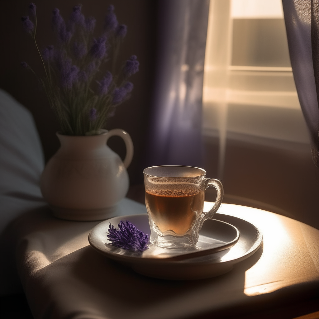 A glass of tea on a saucer and small bouquet of lavender on a bedside table, illuminated by the warm glow of a lamp in the corner of the room