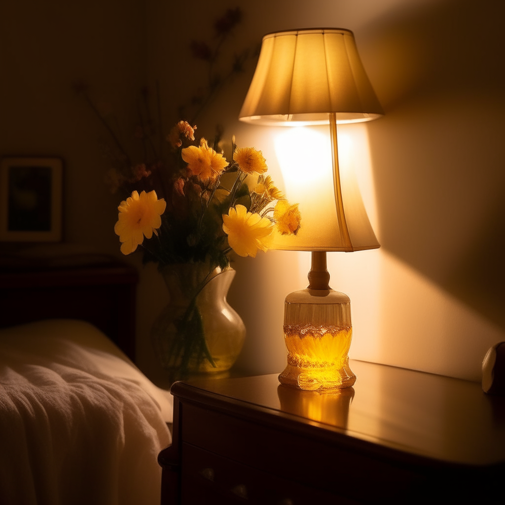 A glass of tea and flowers sitting on a nightstand, bathed in the soft yellow light from a lamp on the opposite side of the room