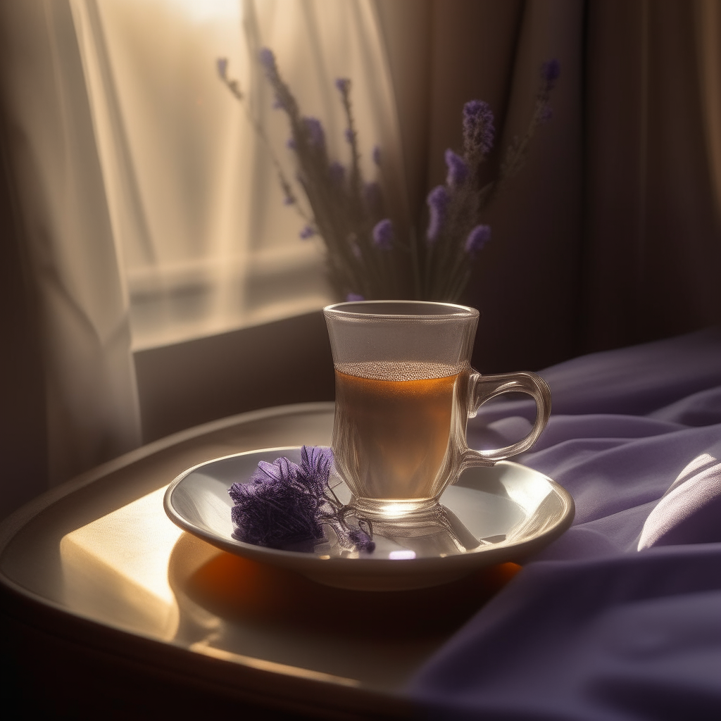 A glass of tea on a saucer and small bouquet of lavender on a bedside table, the room bathed in the warm glow of light