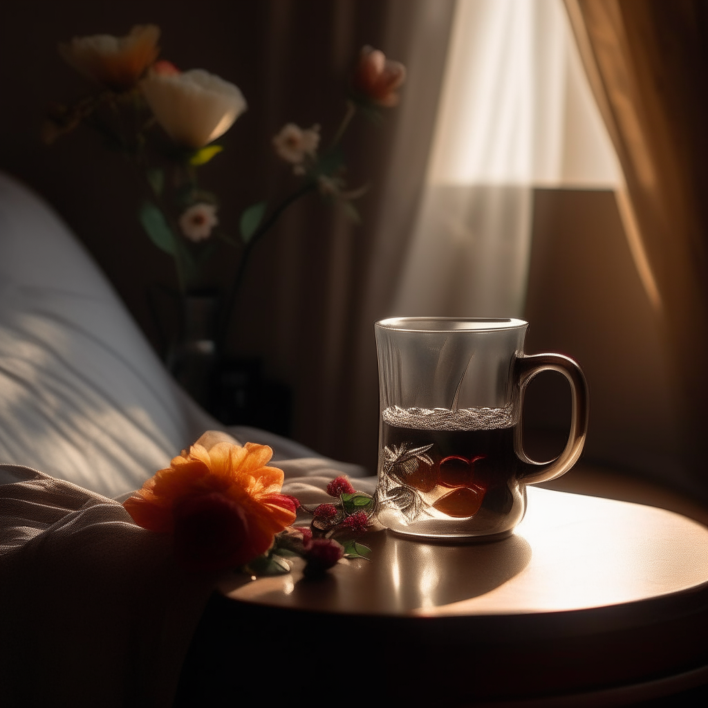 A glass of tea and flowers sitting on a nightstand, illuminated by the soft warm light that fills the room