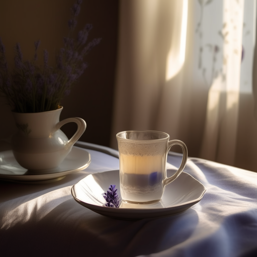 A glass of tea on a saucer and a small porcelain vase holding lavender stems sits on a bedside table, the room filled with the warm glow of light