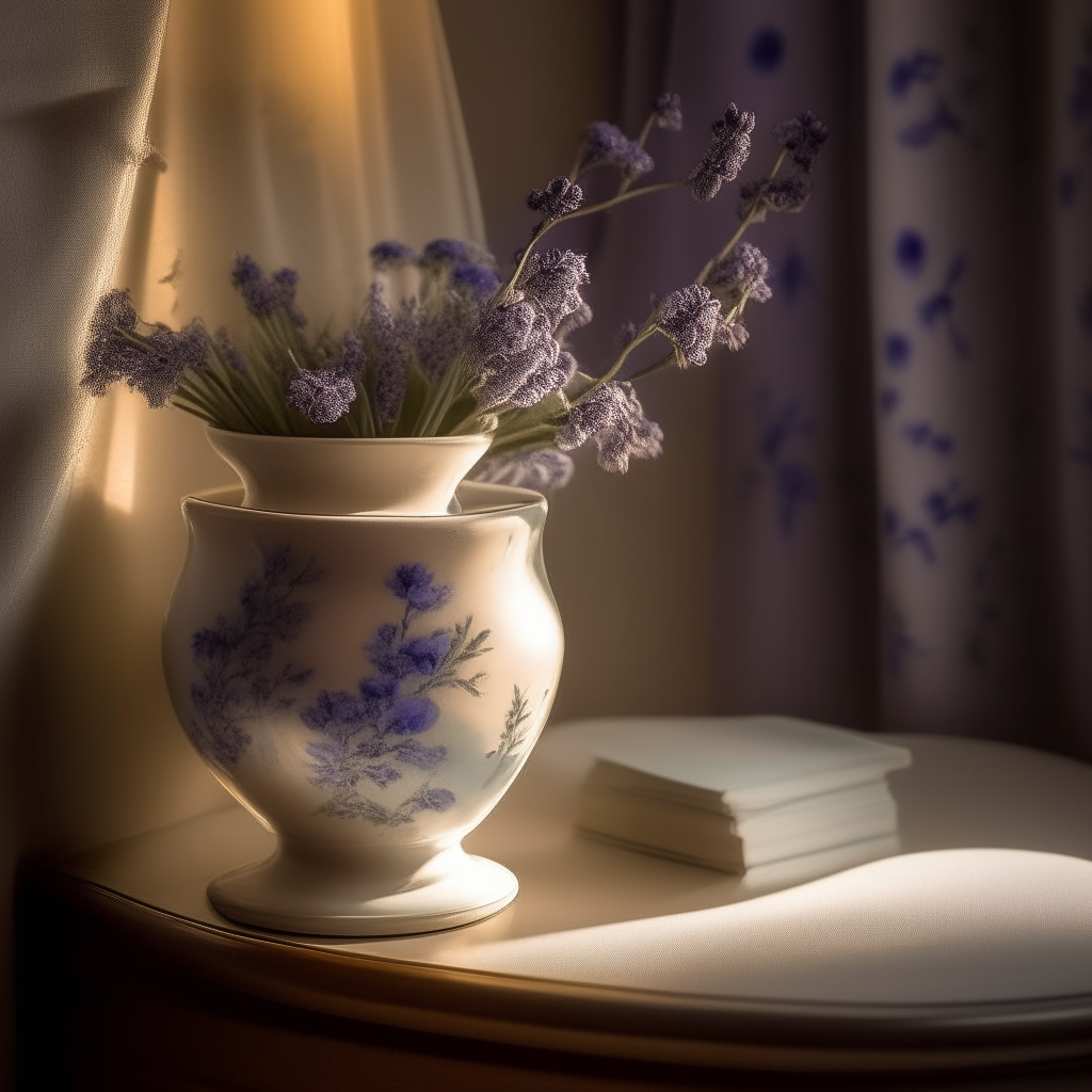 A teacup and porcelain vase of lavender blossoms on a nightstand, illuminated by the soft warm light throughout the space