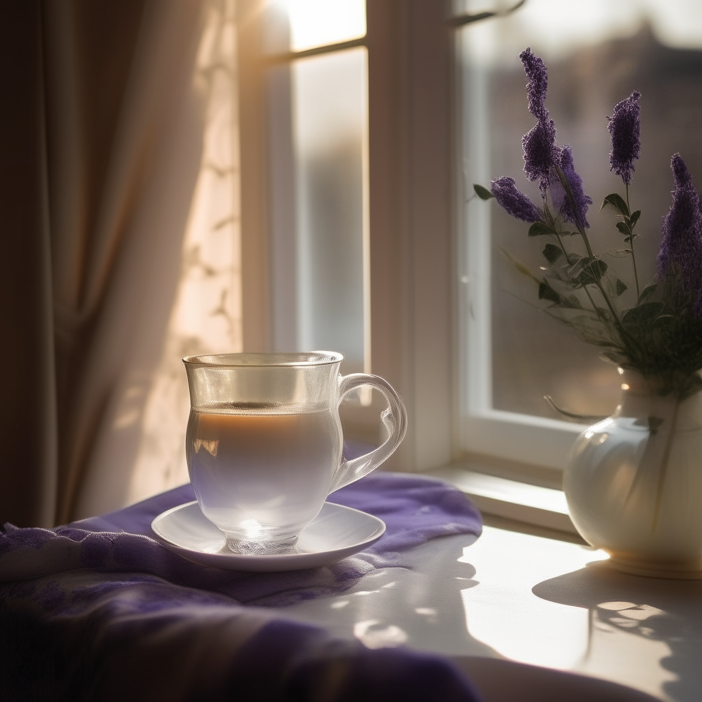 A glass of tea and small porcelain vase of lavender sit on a table under a window, the white tablecloth and surroundings glowing warmly in the late afternoon light